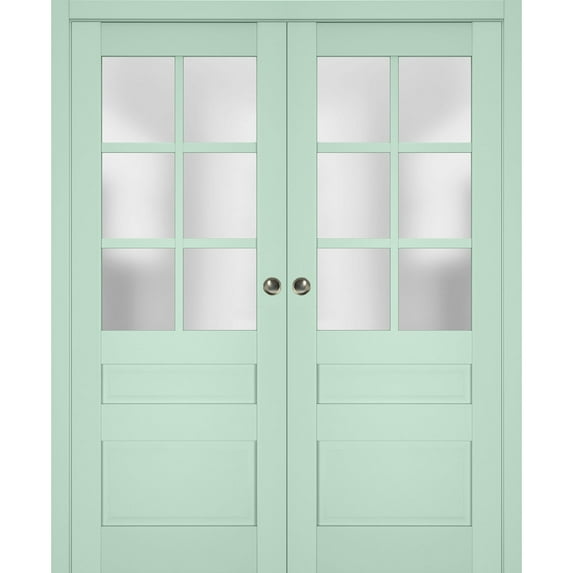 Sliding French Double Pocket Doors with Frosted Glass | Veregio 7339 Oliva | Kit Trims Rail Hardware | Solid Wood Interior Bedroom Sturdy Doors-56" x 84" (2* 28x84)