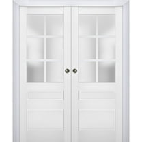 Sliding French Double Pocket Doors with Frosted Glass | Veregio 7339 White Silk | Kit Trims Rail Hardware | Solid Wood Interior Bedroom Sturdy Doors-36" x 84" (2* 18x84)