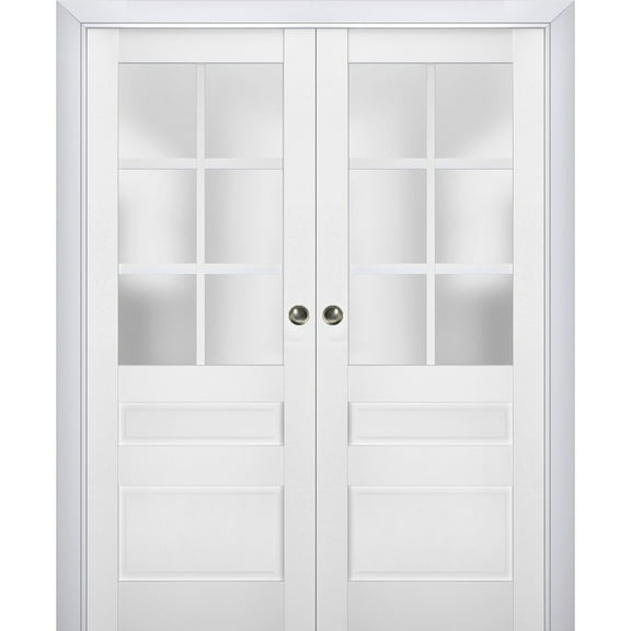 Sliding French Double Pocket Doors with Frosted Glass | Veregio 7339 White Silk | Kit Trims Rail Hardware | Solid Wood Interior Bedroom Sturdy Doors-36" x 84" (2* 18x84)