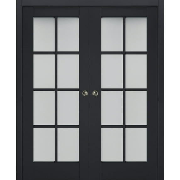 Sliding French Double Pocket Doors with Frosted Glass | Veregio 7412 Antracite | Kit Trims Rail Hardware | Solid Wood Interior Bedroom Sturdy Doors-60" x 84" (2* 30x84)