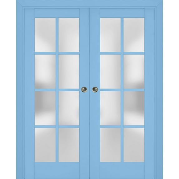 Sliding French Double Pocket Doors with Frosted Glass | Veregio 7412 Aquamarine | Kit Trims Rail Hardware | Solid Wood Interior Bedroom Sturdy Doors-64" x 96" (2* 32x96)