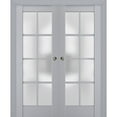 thumbnail image 1 of Sliding French Double Pocket Doors with Frosted Glass | Veregio 7412 Matte Grey | Kit Trims Rail Hardware | Solid Wood Interior Bedroom Sturdy Doors-56" x 84" (2* 28x84), 1 of 6