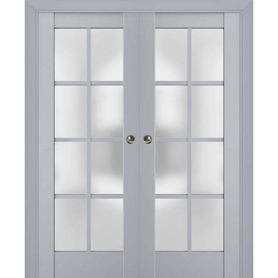 Sliding French Double Pocket Doors with Frosted Glass | Veregio 7412 Matte Grey | Kit Trims Rail Hardware | Solid Wood Interior Bedroom Sturdy Doors-56" x 84" (2* 28x84)