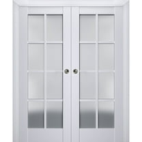 Sliding French Double Pocket Doors with Frosted Glass | Veregio 7412 White Silk | Kit Trims Rail Hardware | Solid Wood Interior Bedroom Sturdy Doors-36" x 84" (2* 18x84)