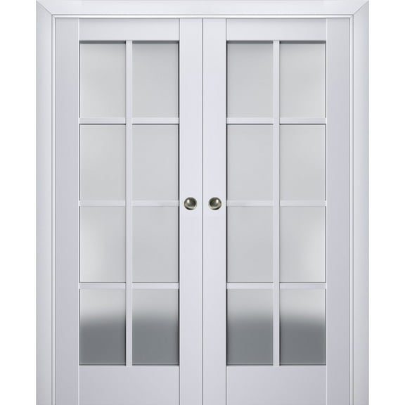 Sliding French Double Pocket Doors with Frosted Glass | Veregio 7412 White Silk | Kit Trims Rail Hardware | Solid Wood Interior Bedroom Sturdy Doors-36" x 84" (2* 18x84)