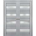 thumbnail image 1 of Sliding French Double Pocket Doors with Frosted Glass | Veregio 7455 Matte Grey | Kit Trims Rail Hardware | Solid Wood Interior Bedroom Sturdy Doors-64" x 96" (2* 32x96), 1 of 5