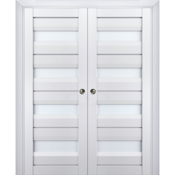 Sliding French Double Pocket Doors with Frosted Glass | Veregio 7455 White Silk | Kit Trims Rail Hardware | Solid Wood Interior Bedroom Sturdy Doors-84" x 84" (2* 42x84)