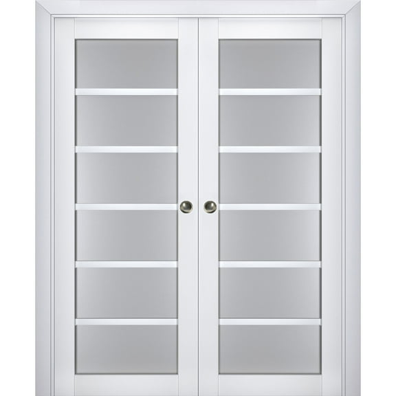 Sliding French Double Pocket Doors with Frosted Glass | Veregio 7602 White Silk | Kit Trims Rail Hardware | Solid Wood Interior Bedroom Sturdy Doors-36" x 84" (2* 18x84)