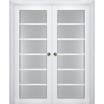Sliding French Double Pocket Doors with Frosted Glass | Veregio 7602 White Silk | Kit Trims Rail Hardware | Solid Wood Interior Bedroom Sturdy Doors-36" x 84" (2* 18x84)