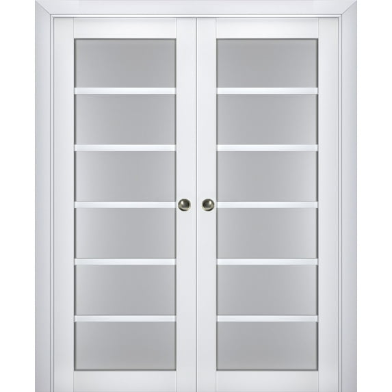 Sliding French Double Pocket Doors with Frosted Glass | Veregio 7602 White Silk | Kit Trims Rail Hardware | Solid Wood Interior Bedroom Sturdy Doors-72" x 84" (2* 36x84)