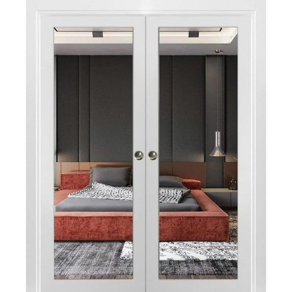 Sliding French Double Pocket Doors | Lucia 1299 White Silk with Mirror | Kit Trims Rail Hardware | Solid Wood Interior Bedroom Sturdy Doors-48" x 80" (2* 24x80)-Mirror