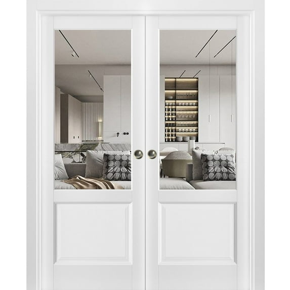 Sliding French Double Pocket Doors | Lucia 1533 White Silk with Clear Glass | Kit Trims Rail Hardware | Solid Wood Interior Bedroom Sturdy Doors-72" x 84" (2* 36x84)-Clear Glass