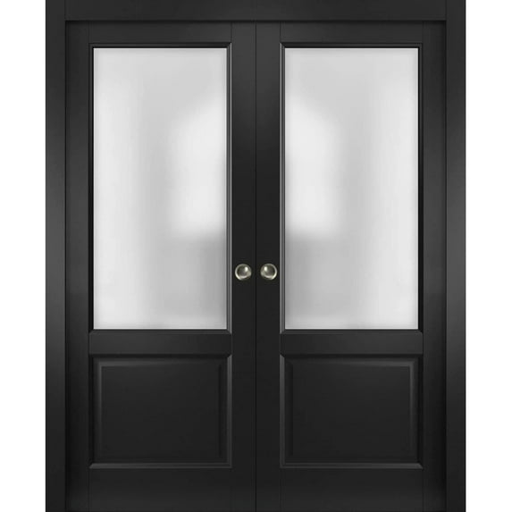 Sliding French Double Pocket Doors | Lucia 22 Matte Black with Rain Glass | Kit Trims Rail Hardware | Solid Wood Interior Bedroom Sturdy Doors