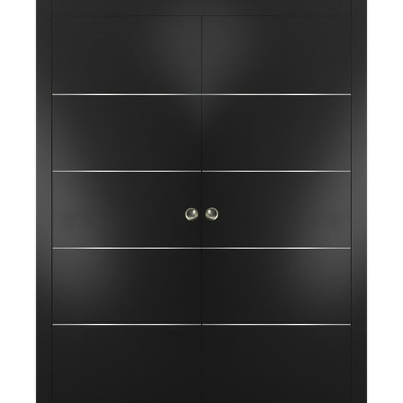 Sliding French Double Pocket Doors | Planum 0020 Matte Black | Kit Trims Rail Hardware | Solid Wood Interior Bedroom Sturdy Doors-36" x 84" (2* 18x84)