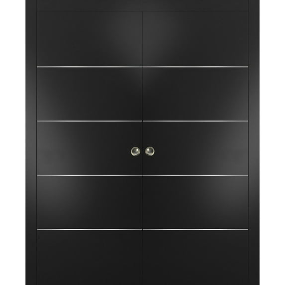 Sliding French Double Pocket Doors | Planum 0020 Matte Black | Kit Trims Rail Hardware | Solid Wood Interior Bedroom Sturdy Doors-48" x 84" (2* 24x84)