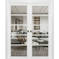 thumbnail image 1 of Sliding French Double Pocket Doors | Quadro 4522 White Silk with Clear Glass | Kit Trims Rail Hardware | Solid Wood Interior Bedroom Sturdy Doors-72" x 96" (2* 36x96)-Clear Glass, 1 of 6