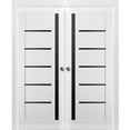 thumbnail image 1 of Sliding French Double Pocket Doors | Quadro 4588 White Silk with Black Glass | Kit Trims Rail Hardware | Solid Wood Interior Bedroom Sturdy Doors-56" x 84" (2* 28x84)-Black Glass, 1 of 6