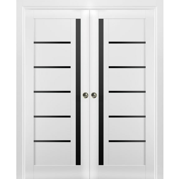 Sliding French Double Pocket Doors | Quadro 4588 White Silk with Black Glass | Kit Trims Rail Hardware | Solid Wood Interior Bedroom Sturdy Doors-84" x 96" (2* 42x96)-Black Glass