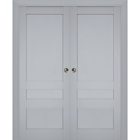 Sliding French Double Pocket Doors | Veregio 7411 Matte Grey | Kit Trims Rail Hardware | Solid Wood Interior Bedroom Sturdy Doors-36" x 84" (2* 18x84)