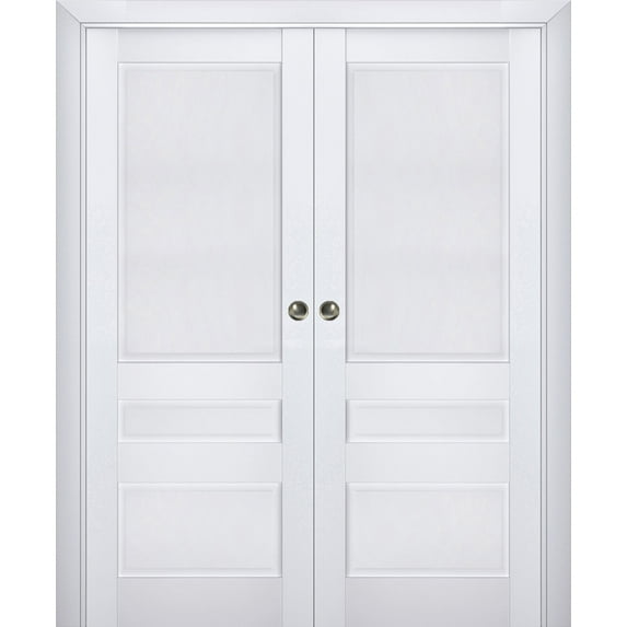 Sliding French Double Pocket Doors | Veregio 7411 White Silk | Kit Trims Rail Hardware | Solid Wood Interior Bedroom Sturdy Doors-72" x 84" (2* 36x84)