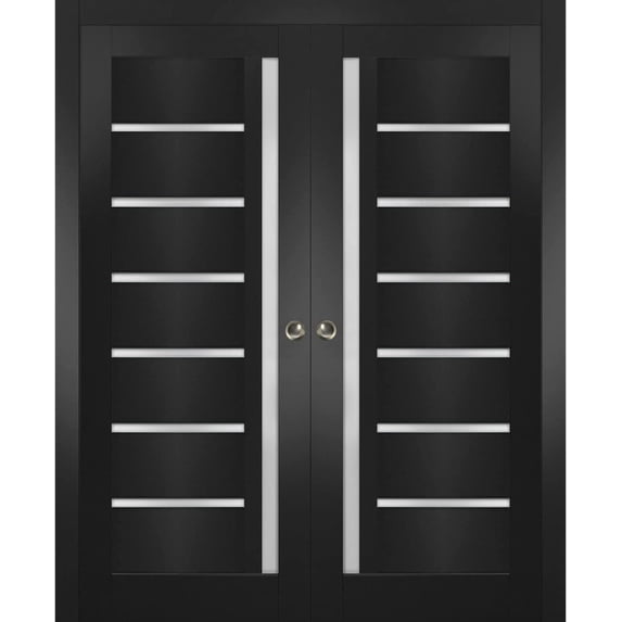 Sliding French Double Pocket Doors inches | Quadro 4088 Matte Black with Frosted Glass | Kit Trims Rail Hardware | Solid Wood Interior Bedroom Sturdy Doors