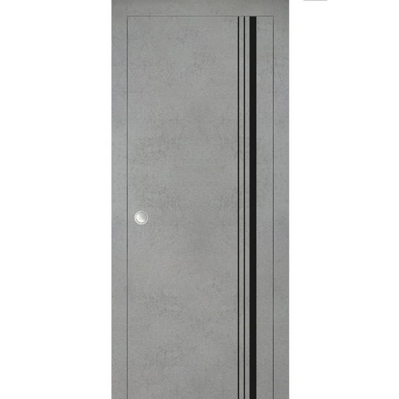Sliding French Pocket Door 18 x 80 inches with | Planum 0011 Concrete with Frosted Glass | Kit Trims Rail Hardware | Solid Wood Interior Bedroom Sturdy Doors