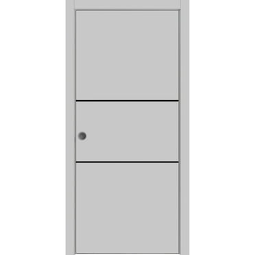 Sliding French Pocket Door 18 x 80 inches with | Planum 0014 Grey Ash with Frosted Glass | Kit Trims Rail Hardware | Solid Wood Interior Bedroom Sturdy Doors