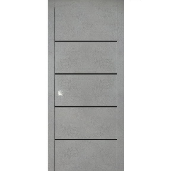 Sliding French Pocket Door 18 x 80 inches with | Planum 0015 Concrete with Frosted Glass | Kit Trims Rail Hardware | Solid Wood Interior Bedroom Sturdy Doors