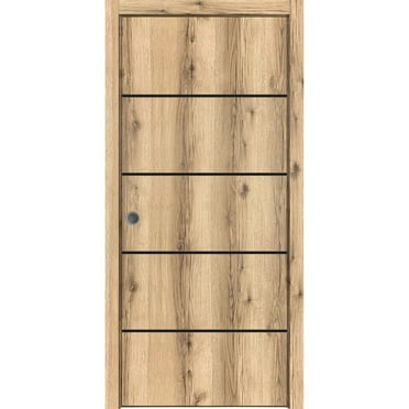 Sliding French Pocket Door 18 x 80 inches with | Planum 0015 Oak with Frosted Glass | Kit Trims Rail Hardware | Solid Wood Interior Bedroom Sturdy Doors