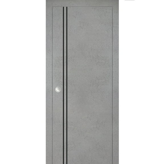 Sliding French Pocket Door 18 x 80 inches with | Planum 0016 Concrete with Frosted Glass | Kit Trims Rail Hardware | Solid Wood Interior Bedroom Sturdy Doors