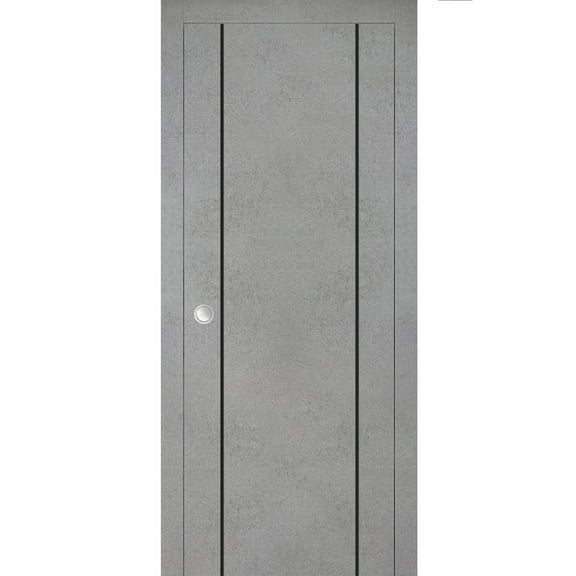 Sliding French Pocket Door 18 x 80 inches with | Planum 0016 Concrete with Frosted Glass | Kit Trims Rail Hardware | Solid Wood Interior Bedroom Sturdy Doors