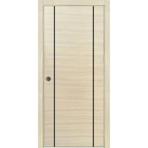 Sliding French Pocket Door 18 x 80 inches with | Planum 0017 Natural Veneer with Frosted Glass | Kit Trims Rail Hardware | Solid Wood Interior Bedroom Sturdy Doors