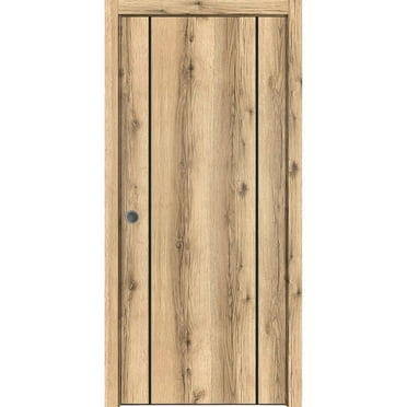 Sliding French Pocket Door 18 x 80 inches with | Planum 0017 Oak with Frosted Glass | Kit Trims Rail Hardware | Solid Wood Interior Bedroom Sturdy Doors