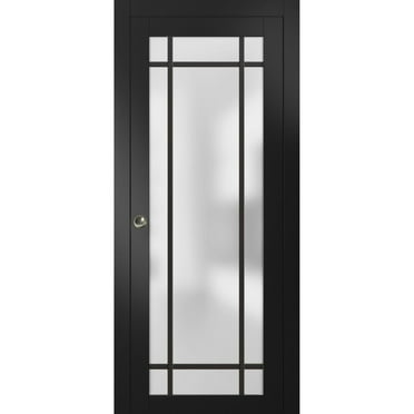 Sliding French Pocket Door 18 x 80 inches | Planum 2112 Matte Black Frosted Glass | Kit Trims Rail Hardware | Solid Wood Interior Bedroom Sturdy Doors