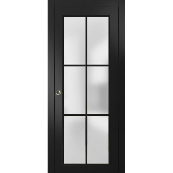 Sliding French Pocket Door 18 x 80 inches | Planum 2122 Matte Black Frosted Glass | Kit Trims Rail Hardware | Solid Wood Interior Bedroom Sturdy Doors