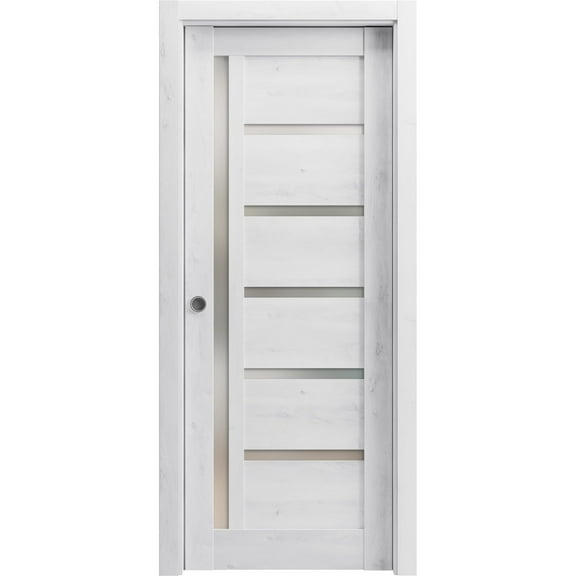 Sliding French Pocket Door 18 x 80 inches | Quadro 4088 Nordic White with Frosted Glass | Kit Trims Rail Hardware | Solid Wood Interior Bedroom Sturdy Doors