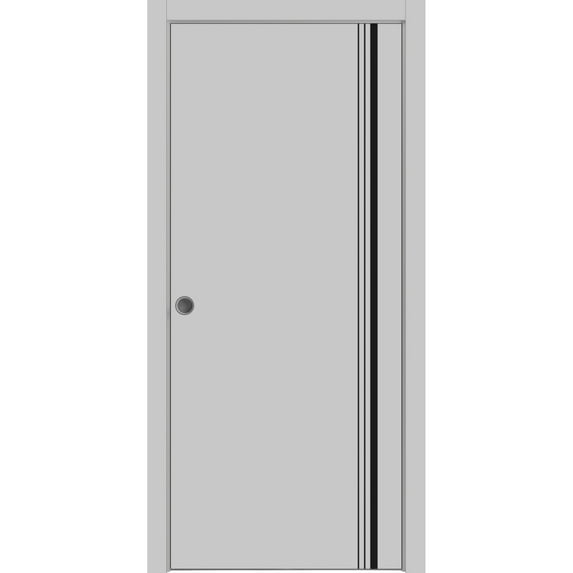 Sliding French Pocket Door 18 x 84 inches with | Planum 0011 Grey Matte with Frosted Glass | Kit Trims Rail Hardware | Solid Wood Interior Bedroom Sturdy Doors