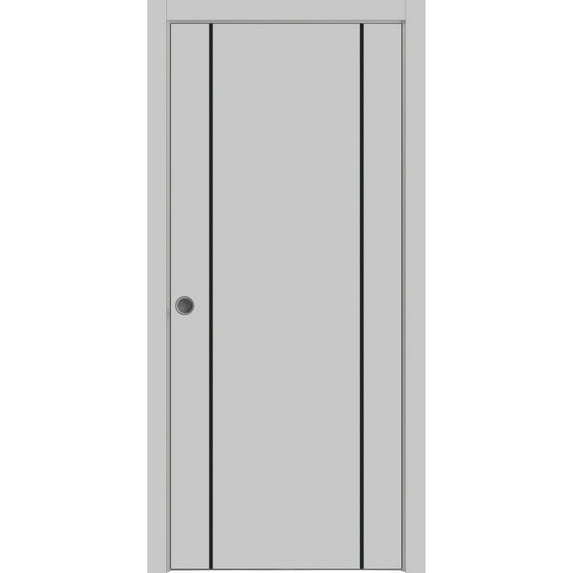 Sliding French Pocket Door 18 x 84 inches with | Planum 0016 Grey Matte with Frosted Glass | Kit Trims Rail Hardware | Solid Wood Interior Bedroom Sturdy Doors