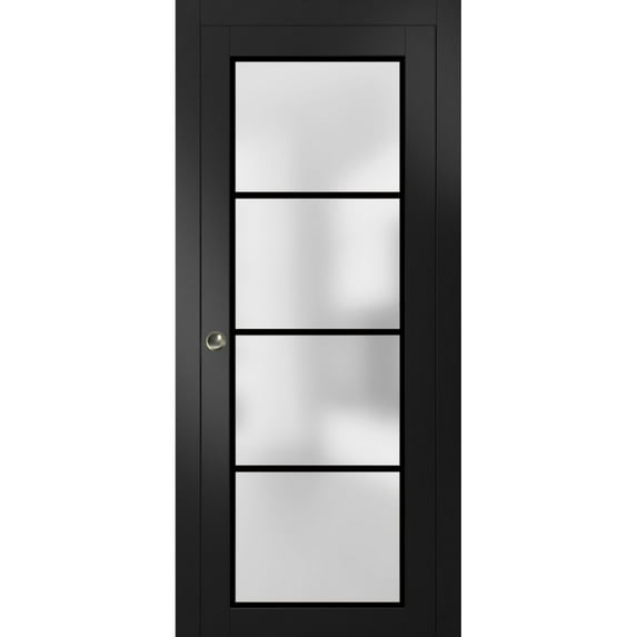 Sliding French Pocket Door 18 x 84 inches | Planum 2132 Matte Black Frosted Glass | Kit Trims Rail Hardware | Solid Wood Interior Bedroom Sturdy Doors