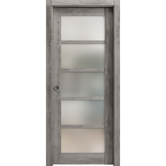 Sliding French Pocket Door 18 x 84 inches | Quadro 4002 Nebraska Grey with Frosted Glass | Kit Trims Rail Hardware | Solid Wood Interior Bedroom Sturdy Doors