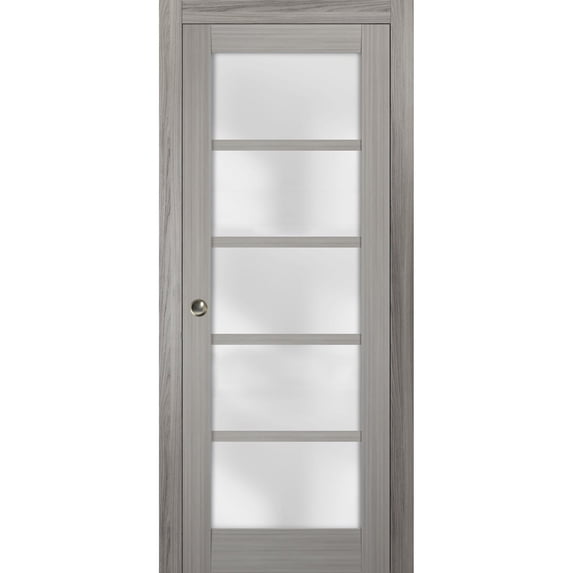 Sliding French Pocket Door 18 x 96 inches with Frosted Glass | Quadro 4002 Grey Ash | Kit Trims Rail Hardware | Solid Wood Interior Bedroom Sturdy Doors
