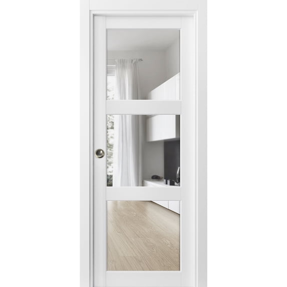 Sliding French Pocket Door 24 x 80 inches with Clear Glass 3 Lites | Lucia 2555 Matte White | Kit Trims Rail Hardware | Solid Wood Interior Bedroom Sturdy Doors