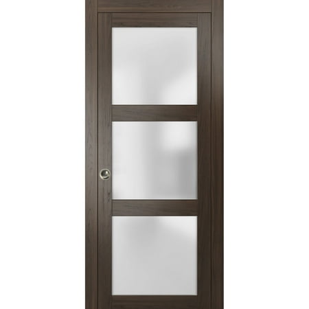 Sliding French Pocket Door 24 x 80 inches with Frosted Glass | Lucia 2552 Chocolate Ash | Kit Trims Rail Hardware | Solid Wood Interior Bedroom Sturdy Doors