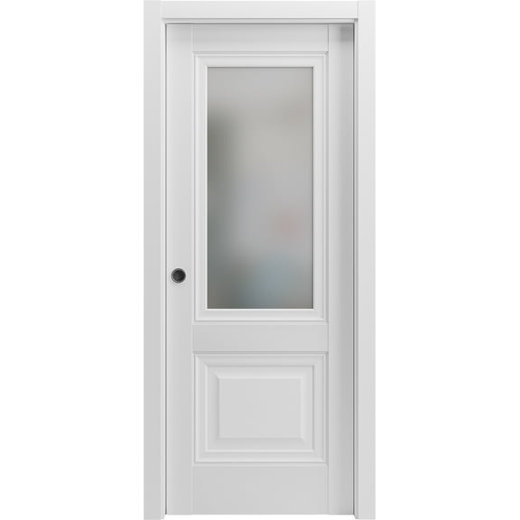 Sliding French Pocket Door 24 x 80 inches with | Lucia 8822 White Silk with Frosted Glass | Kit Trims Rail Hardware | Solid Wood Interior Bedroom Sturdy Doors