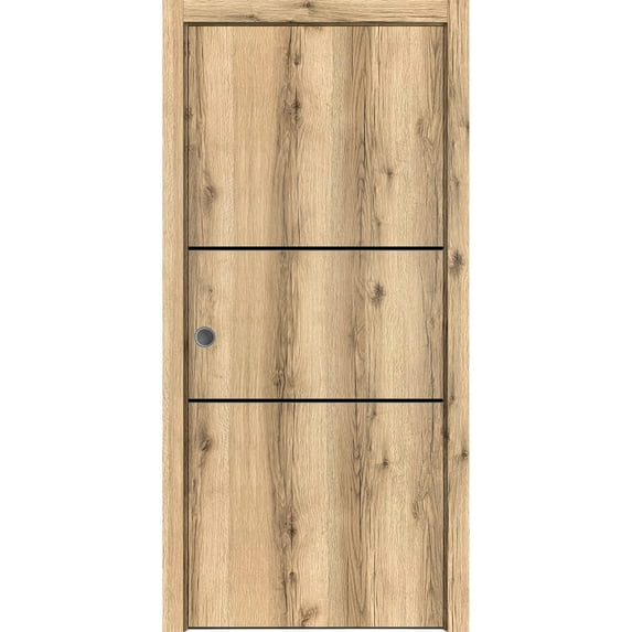 Sliding French Pocket Door 24 x 80 inches with | Planum 0014 Oak with Frosted Glass | Kit Trims Rail Hardware | Solid Wood Interior Bedroom Sturdy Doors