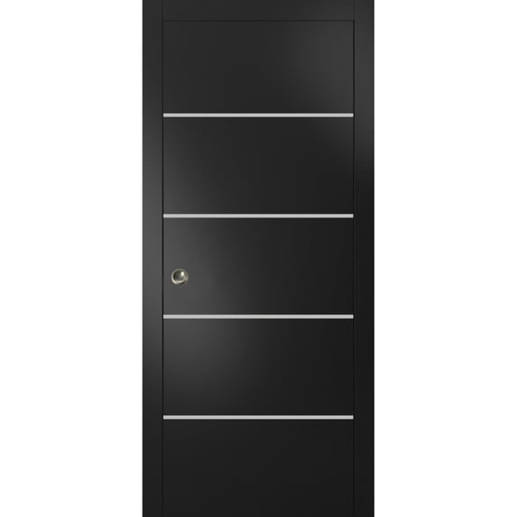 Sliding French Pocket Door 24 x 80 inches with | Planum 0210 Matte Black with Frosted Glass | Kit Trims Rail Hardware | Solid Wood Interior Bedroom Sturdy Doors