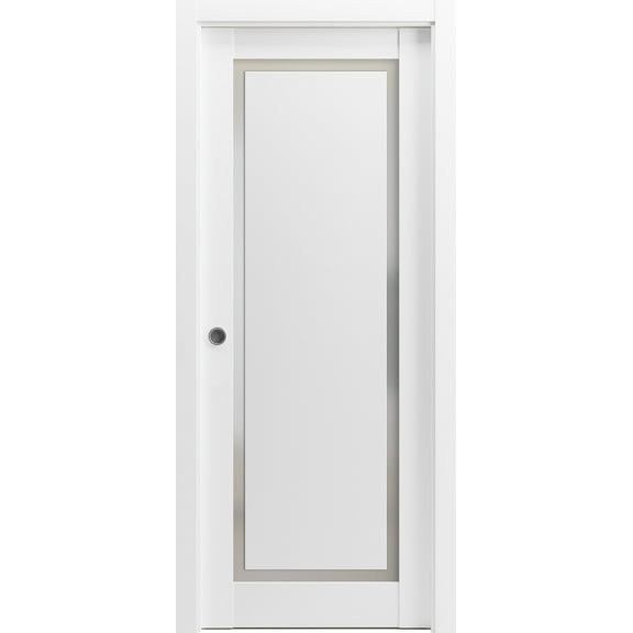 Sliding French Pocket Door 24 x 80 inches with | Planum 0888 Painted White with Frosted Glass | Kit Trims Rail Hardware | Solid Wood Interior Bedroom Sturdy Doors