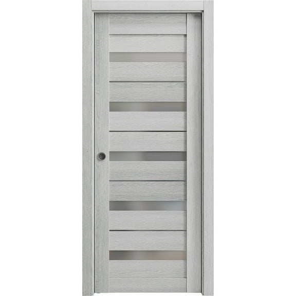 Sliding French Pocket Door 24 x 80 inches | Quadro 4445 Light Grey Oak with Frosted Glass | Kit Trims Rail Hardware | Solid Wood Interior Bedroom Sturdy Doors