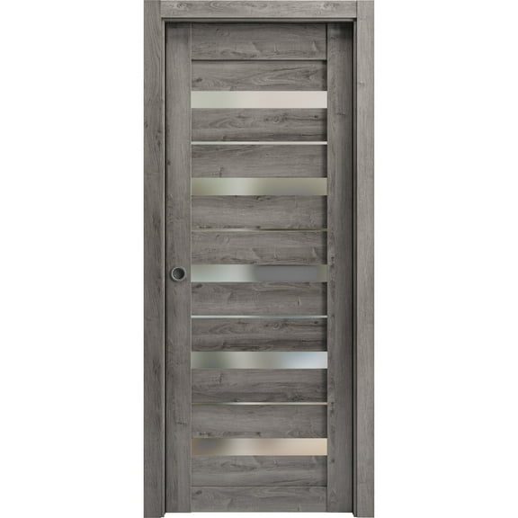 Sliding French Pocket Door 24 x 80 inches | Quadro 4445 Nebraska Grey with Frosted Glass | Kit Trims Rail Hardware | Solid Wood Interior Bedroom Sturdy Doors