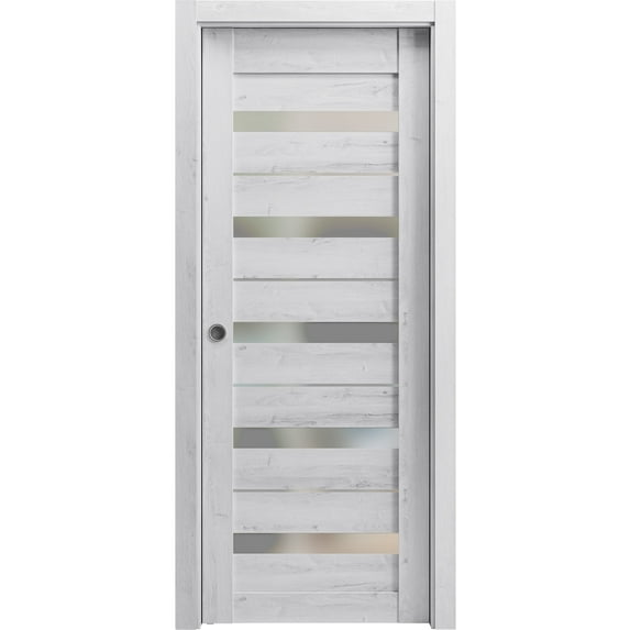 Sliding French Pocket Door 24 x 80 inches | Quadro 4445 Nordic White with Frosted Glass | Kit Trims Rail Hardware | Solid Wood Interior Bedroom Sturdy Doors